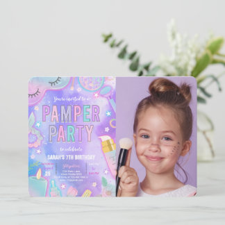 Lila Neon Glow Pamper Spa Party Birthday Photo Inbjudningar