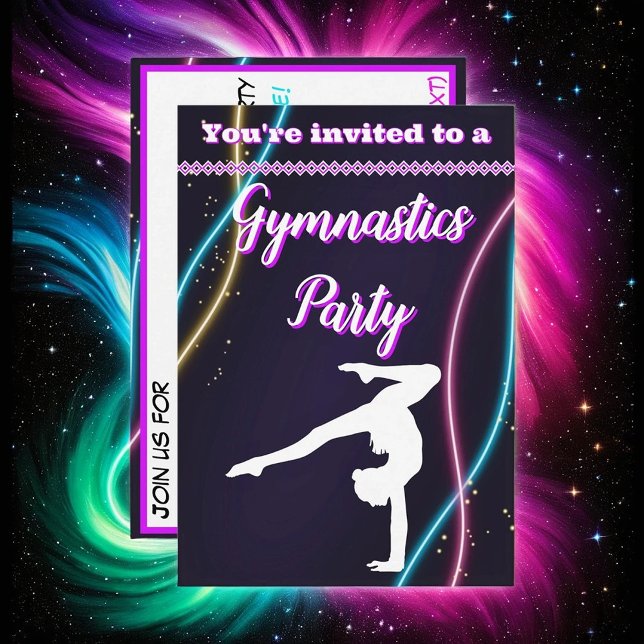 Lila Neon Gymnastics Party-inbjudan Inbjudningar (Skapare uppladdad)