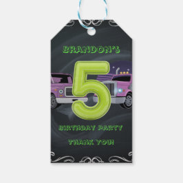Lila Neon Lastbilar 5:e Födelsedagsfesten Tack Presentetikett