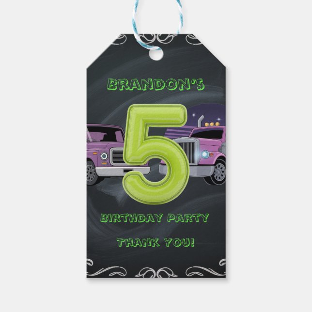Lila Neon Lastbilar 5:e Födelsedagsfesten Tack Presentetikett (Framsidan)