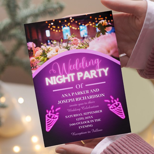 Lila Neon Ljus Modern Bröllop Nattnatten Party Inbjudningar (Skapare uppladdad)