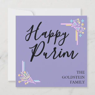 Lila neon Purim-festhatt Mishloach Manot-namn Julkort