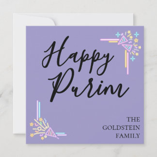 Lila neon Purim-festhatt Mishloach Manot-namn Julkort