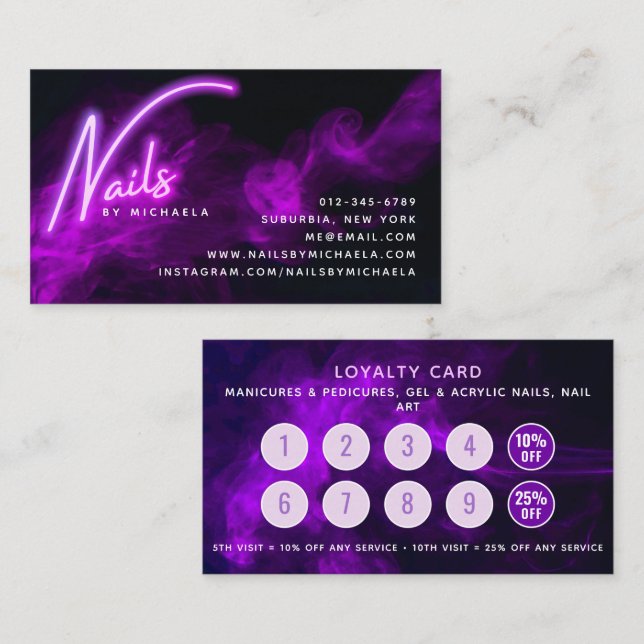 Lila Neon & Smoke Nail Salon Loyalty Card Visitkort (Fram/baksida)