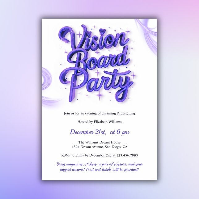 Lila Neon Vision Board Manifestation Party Inbjudningar (Purple Neon Vision Board Manifestation Party Invitation)