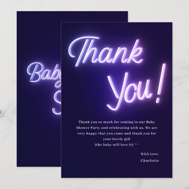 Lila neontext baby shower tack kort (Fram/baksida)