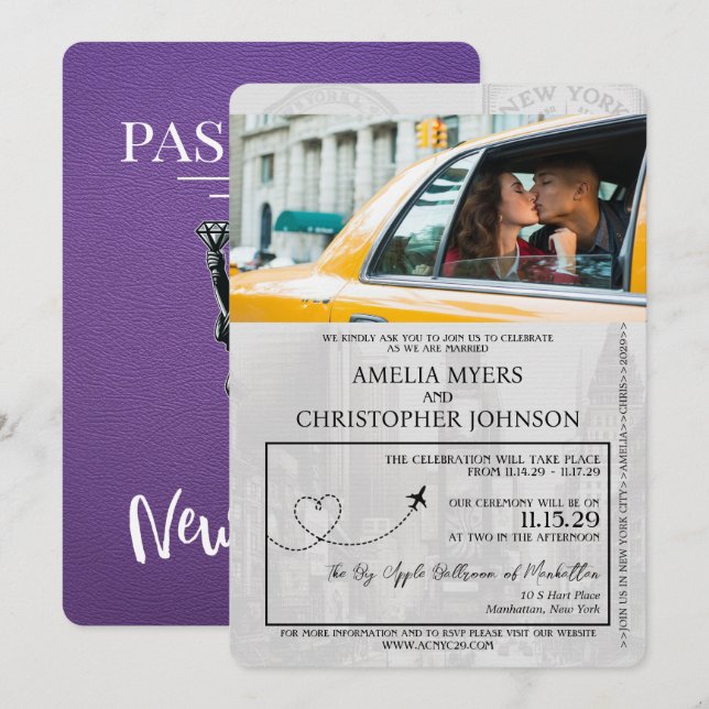 Lila New York City Passport Bröllop Inbjudningar (Fram/baksida)