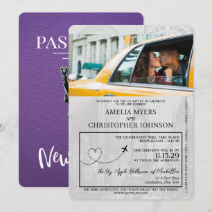 Lila New York City Passport Bröllop Inbjudningar