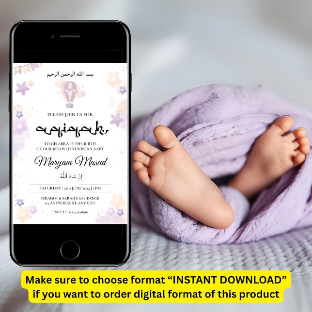 Lila Newborn Flicka Aqiqah Aqeeqa Muslim Inbjudningar (Skapare uppladdad)