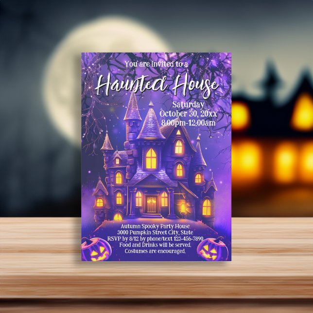 Lila Night Halloween fest Haunted House Inbjudningar (haunted house invitation)
