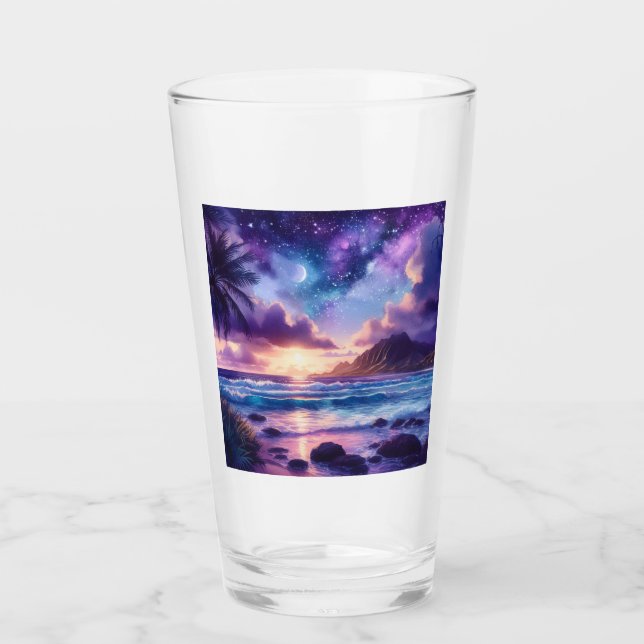 Lila Night Himmel Måne Tropical Beach Glaskopp (Framsida)
