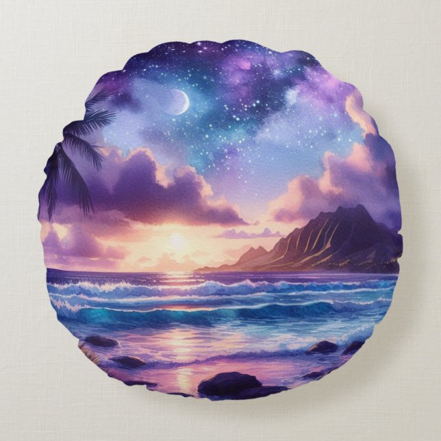 Lila Night Himmel Måne Tropical Beach Rund Kudde (Framsidan)