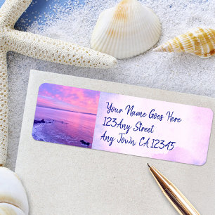 Lila Ocean Sunset Photo Script Anpassningsbar Adre Returadress Etikett