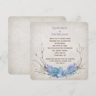 lila och akvarier bröllop twig bouquet på struktur inbjudningar