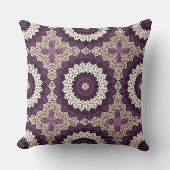 Lila och beige mandala djärva geometriska mönster kudde (Framsida)