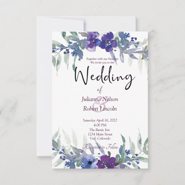 Lila och blå akvarell blommande bröllopsinbjudan inbjudningar (Framsida)