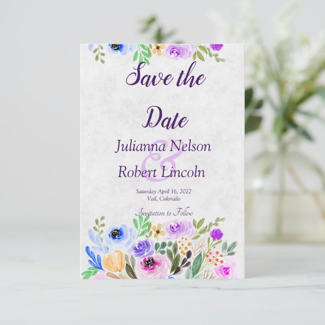 Lila och blå akvarellblomma save the date i inbjudningar (Stående Fram)