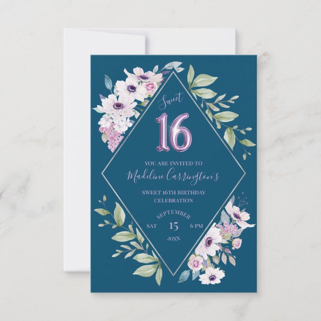 Lila och Blå blomma Diamantfrö Söt 16 födelsedagar Inbjudningar (Framsida)