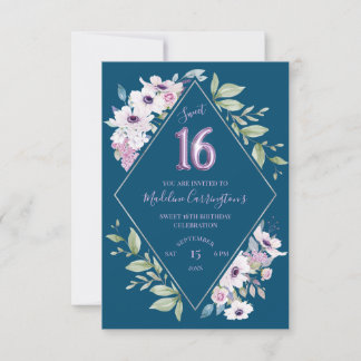 Lila och Blå blomma Diamantfrö Söt 16 födelsedagar Inbjudningar