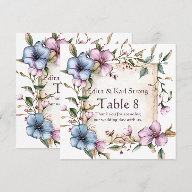 Lila och Blå Blommig Bordnummer Tack Kort (Fram/baksida)