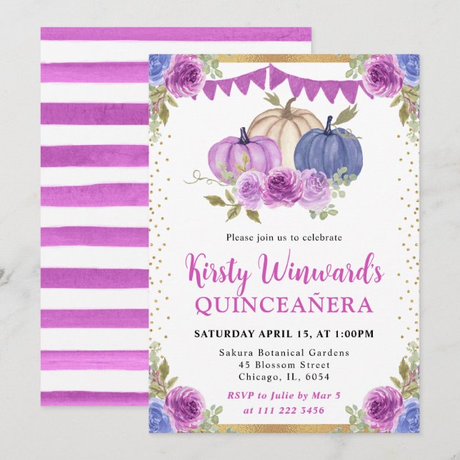 Lila och Blå Blommiga Pumpa Höst Quinceanera Inbjudningar (Fram/baksida)