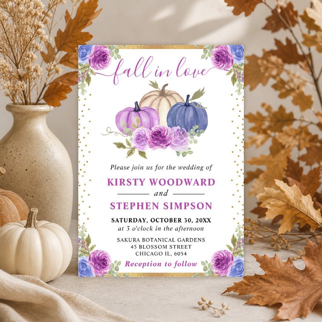 Lila och Blå Blommiga Pumpafrukter Höstbröllop Inbjudningar (Skapare uppladdad)