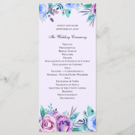 Lila och blå blommigt bröllop. Vattenfärgblommor Program