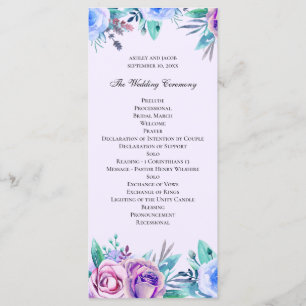 Lila och blå blommigt bröllop. Vattenfärgblommor Program