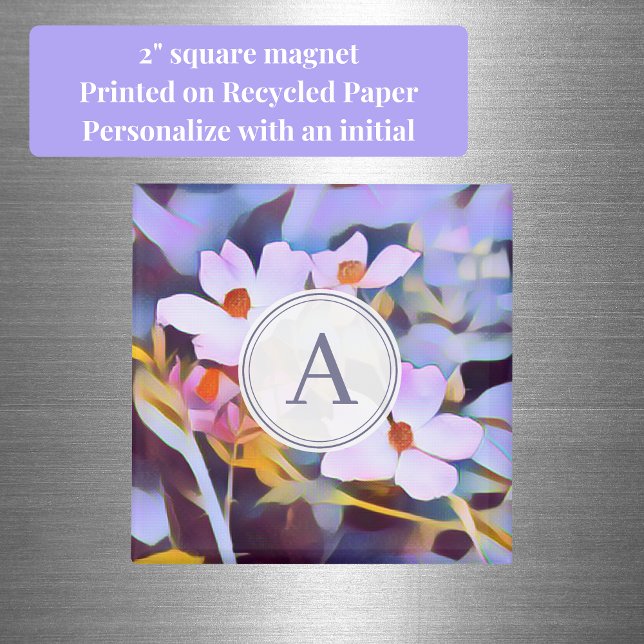 Lila och blå Blommigt med initial Magnet (Purple and blue floral initial square magnet)