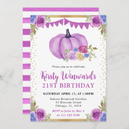 Lila och blå Blommigt Pumpkins faller 21:a födelse Inbjudningar
