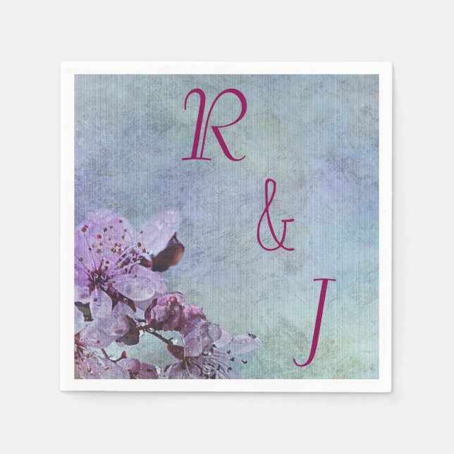 Lila och blå Blommigten Bröllop Pappersservett (Framsidan)