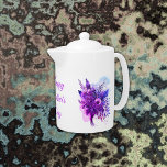 Lila och blå Blommigten Lycklig Mors dag | Tea Pot<br><div class="desc">Elegant och enkel,  blå och lila blommigt vattenfärg med Lycklig Mors dag i lila elegant text som du kan anpassa när du vill.</div>