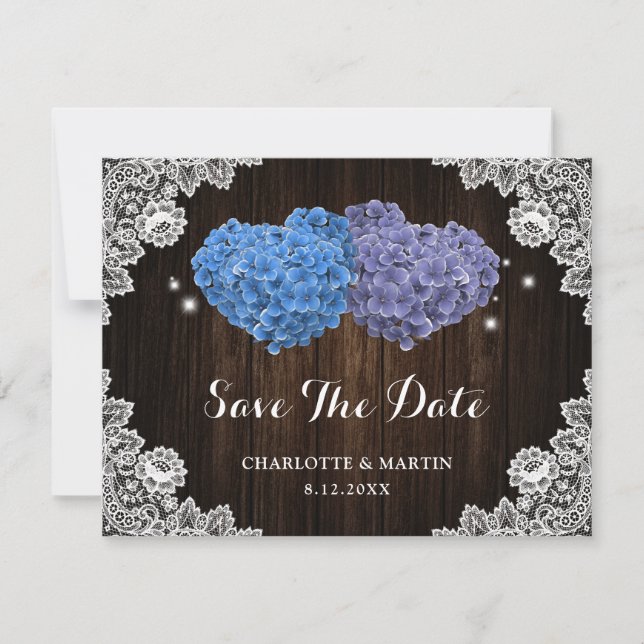 Lila och blå blomsterbröllop spara datumet (Framsida)