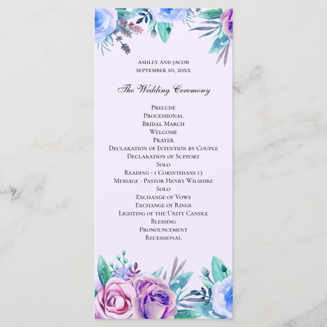 Lila och blå blomsterbröllop. Vattenfärg blommor Program (Framsida)