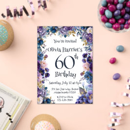 Lila och blå blomstergestaltad 60-års inbjudan