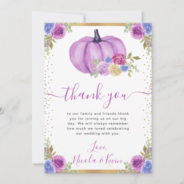 Lila och blå blomsterpumpor höstbröllop tack kort (Framsida)