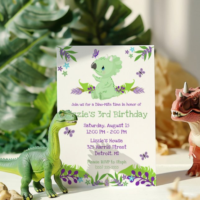 Lila och Blå Dino-Mite Födelsedagsfest Inbjudningar (Skapare uppladdad)