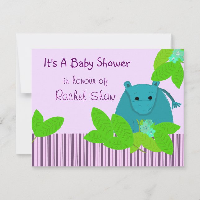 Lila och Blå Flodhäst Bebis Shower Inbjudan (Framsida)