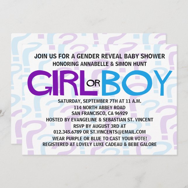 Lila och blå Gender Visa babyskor Party Inbjudningar (Fram/baksida)