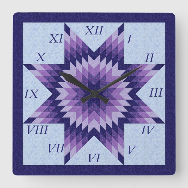 Lila och Blå lone Star Quilt Design Square Wall Fyrkantig Klocka (Framsida)