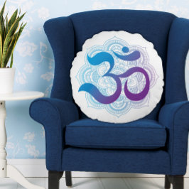 Lila och blå Om-symbol Mandala Flower White Rund Kudde