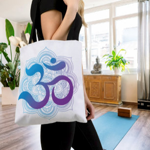 Lila och blå Om-symbol Mandala Flower White Tygkasse
