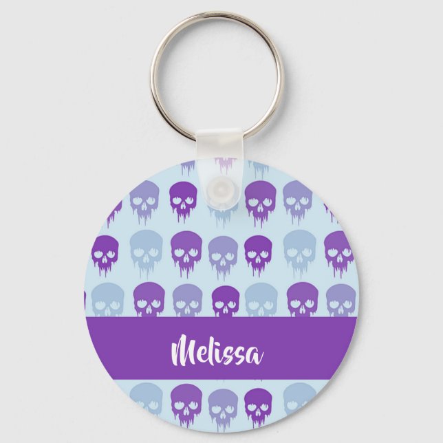 Lila och blå smälter döskallar mönster nyckelring (Framsida)