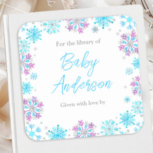 Lila och blå snöflingor Baby Shower Bokmärke Fyrkantigt Klistermärke