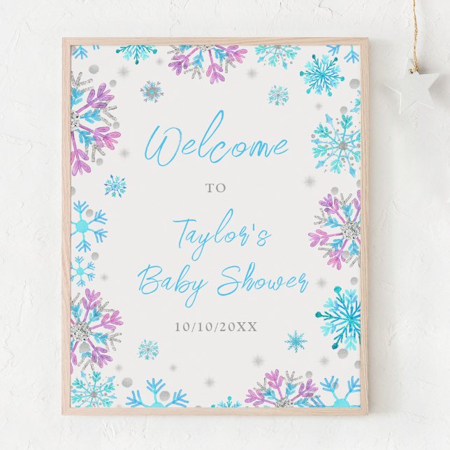 Lila och Blå Snöflingor Baby Shower Välkommen Poster (Skapare uppladdad)