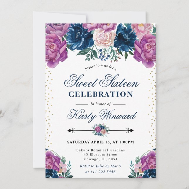 Lila och Blå Sommar Boho Blommor Söt Sexton Inbjudningar (Framsida)