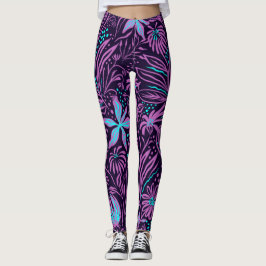 Lila och blå tropiska blommor Yoga Leisurewear Leggings