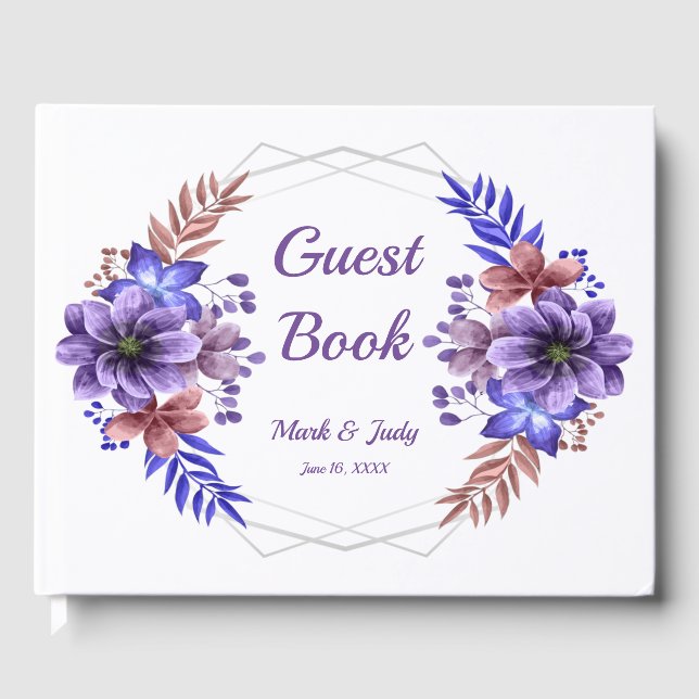 Lila och blå vattenfärg Blommigt Bröllop Gästböcker (Framsida)