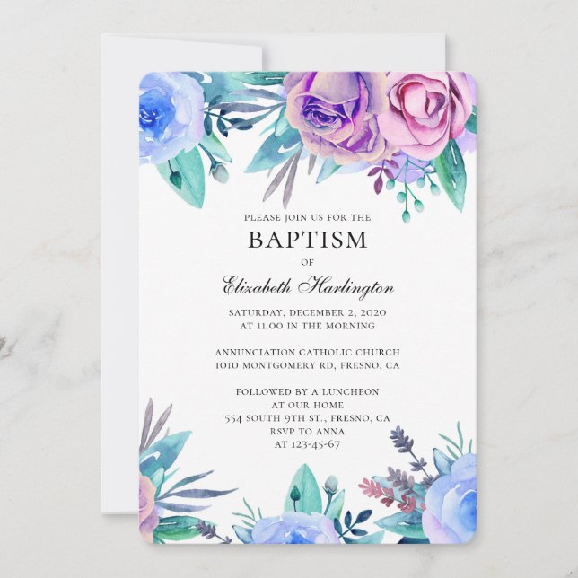 Lila och blåa blommor baptism. Blommigtens inbjuda Inbjudningar (Framsida)