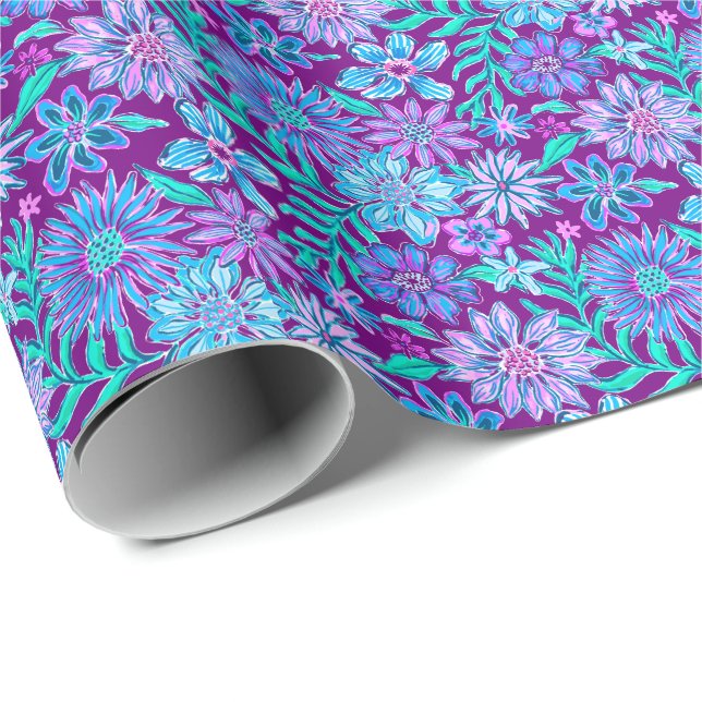 Lila och Blåa blommor för utskrift av Preppy Handf Presentpapper (Rullad Hörn)